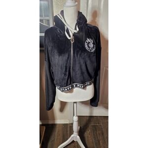 Playboy Women Black Velour Cropped Zip Up Hoodie Bunny Logo Large